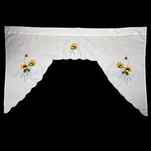 Vtg Appliqué Sunflower Window Valance Scalloped Shabby Cottage Farmhouse 57”x36”
